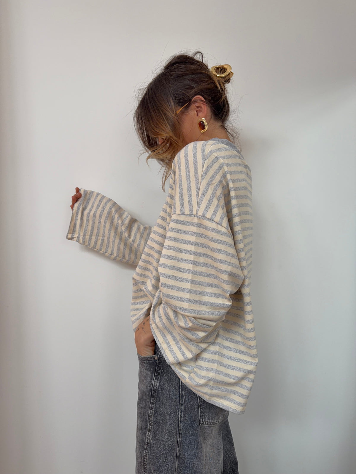 T-shirt manches longues rayé - gris et beige