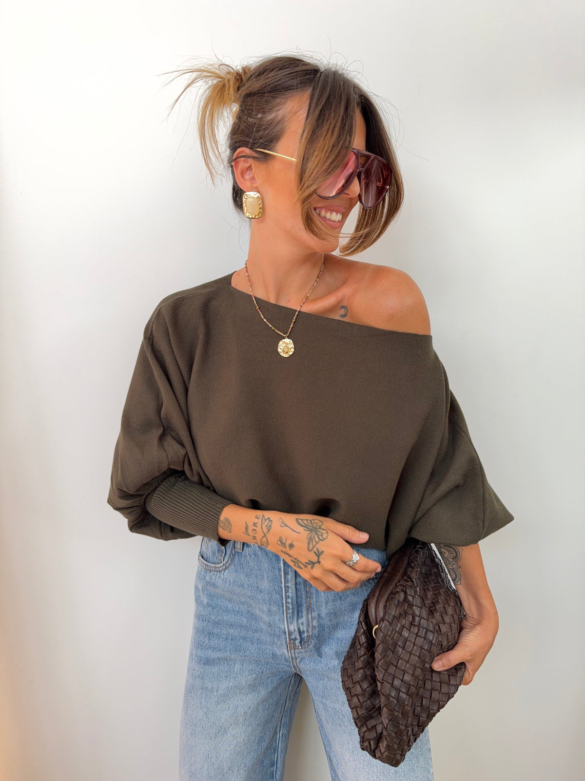 Pull asymétrique court - kaki