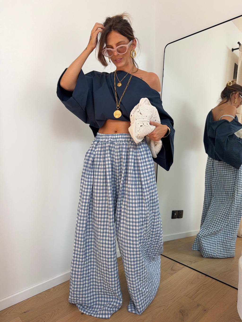 Pantalon large à carreaux - bleu clair
