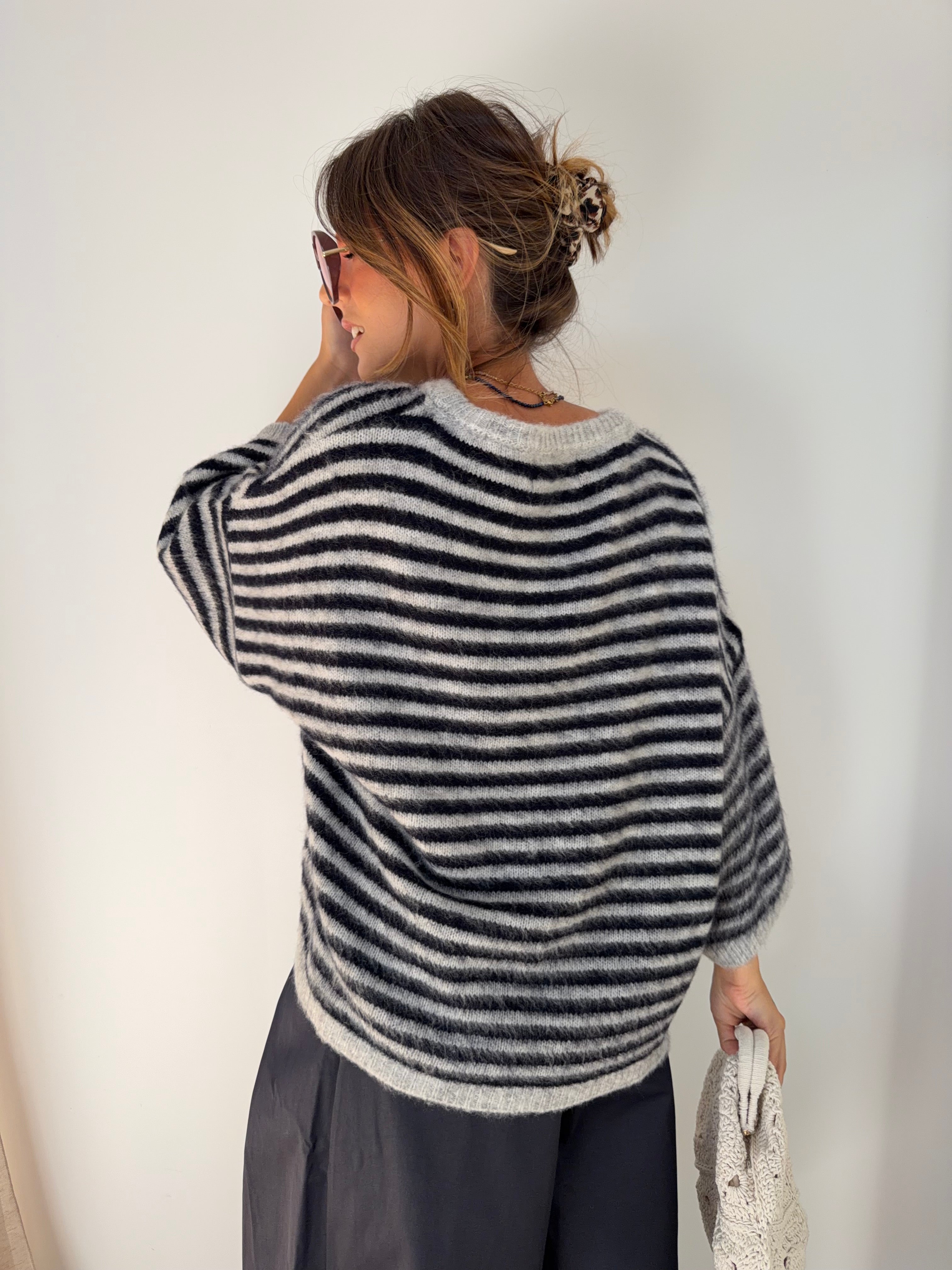 Pull manches 3/4 rayé - bleu marine