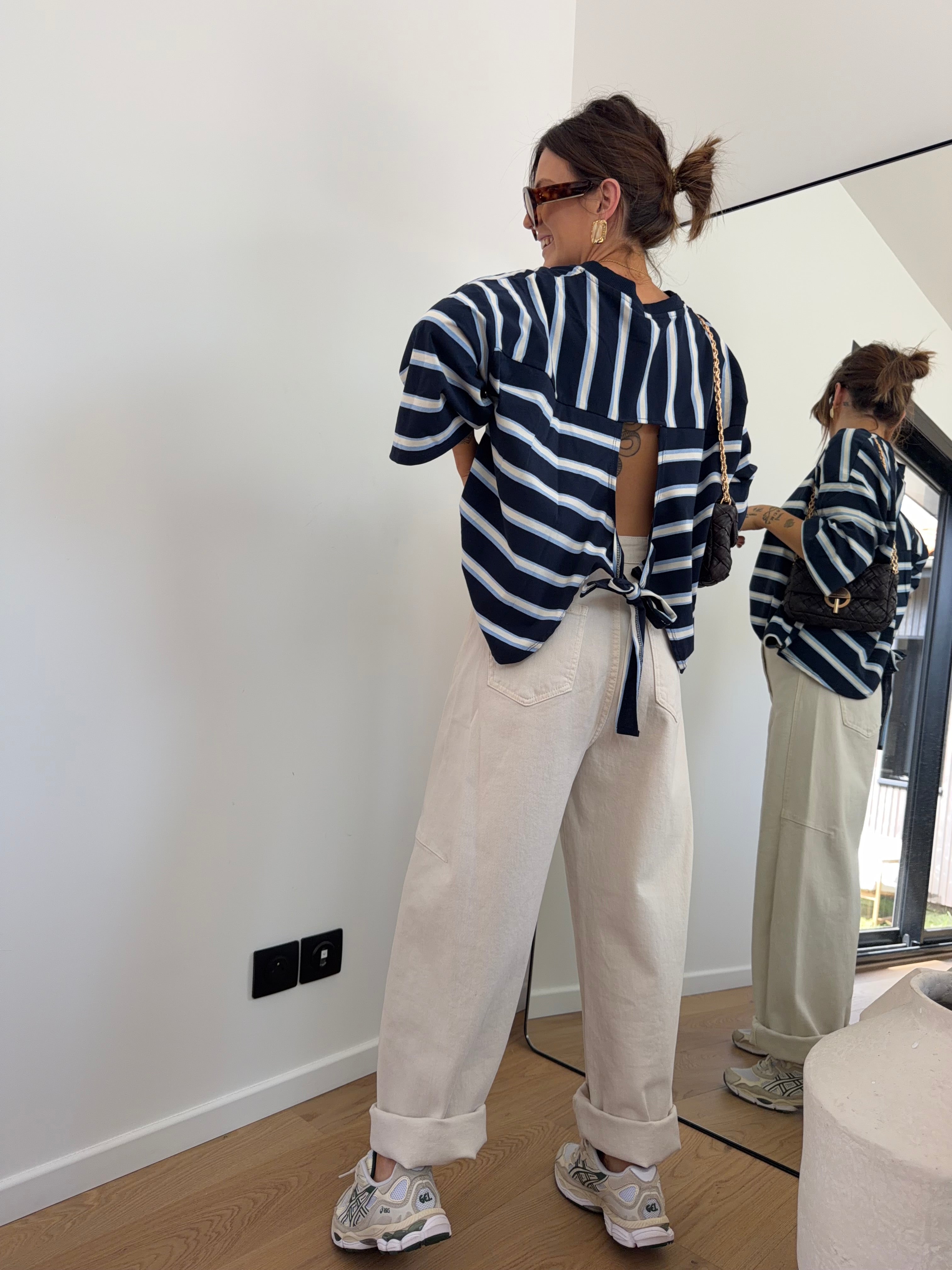 T-shirt rayé avec noeud - bleu marine