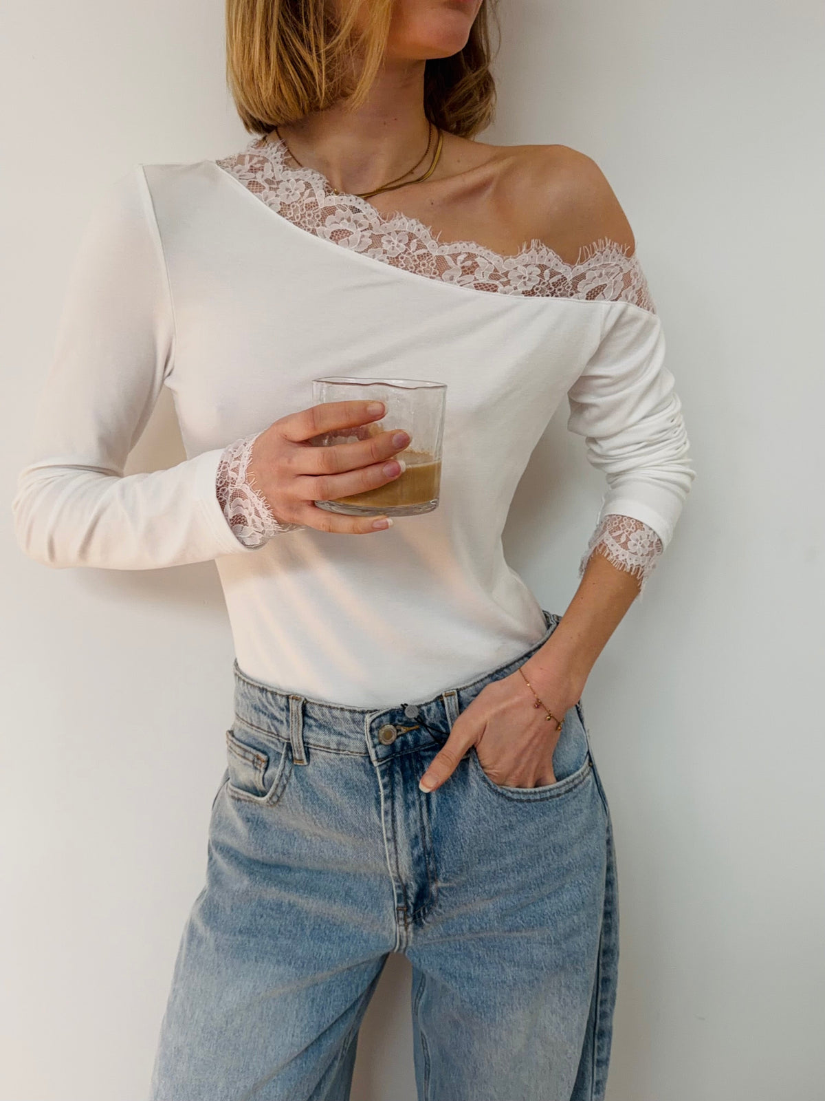 T-shirt manches longues à dentelle - blanc