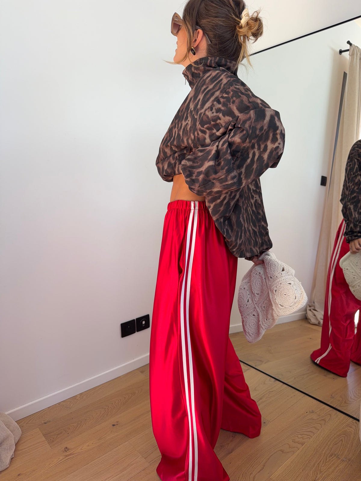 Pantalon métallisé à bandes - rouge