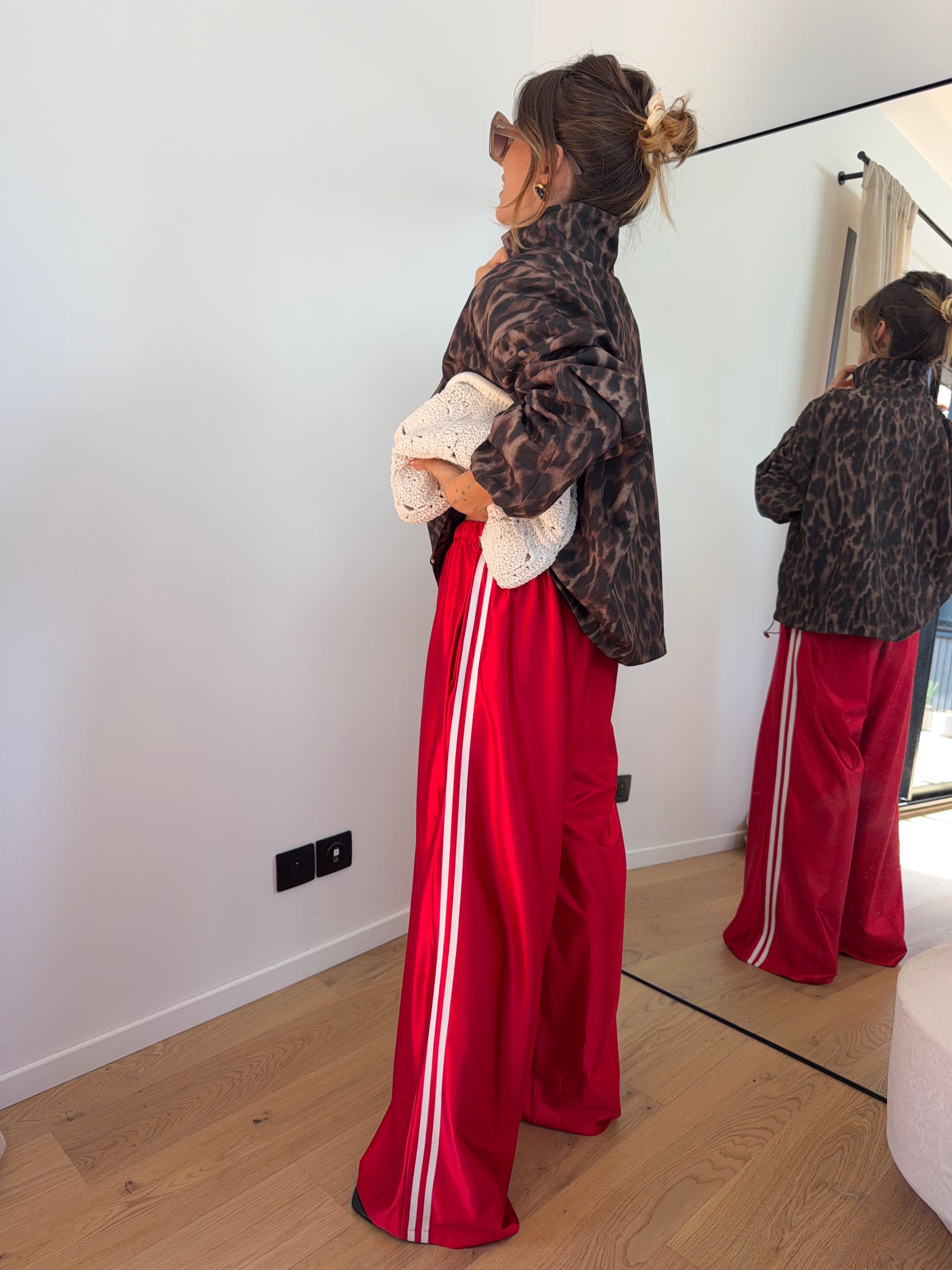Pantalon métallisé à bandes - rouge