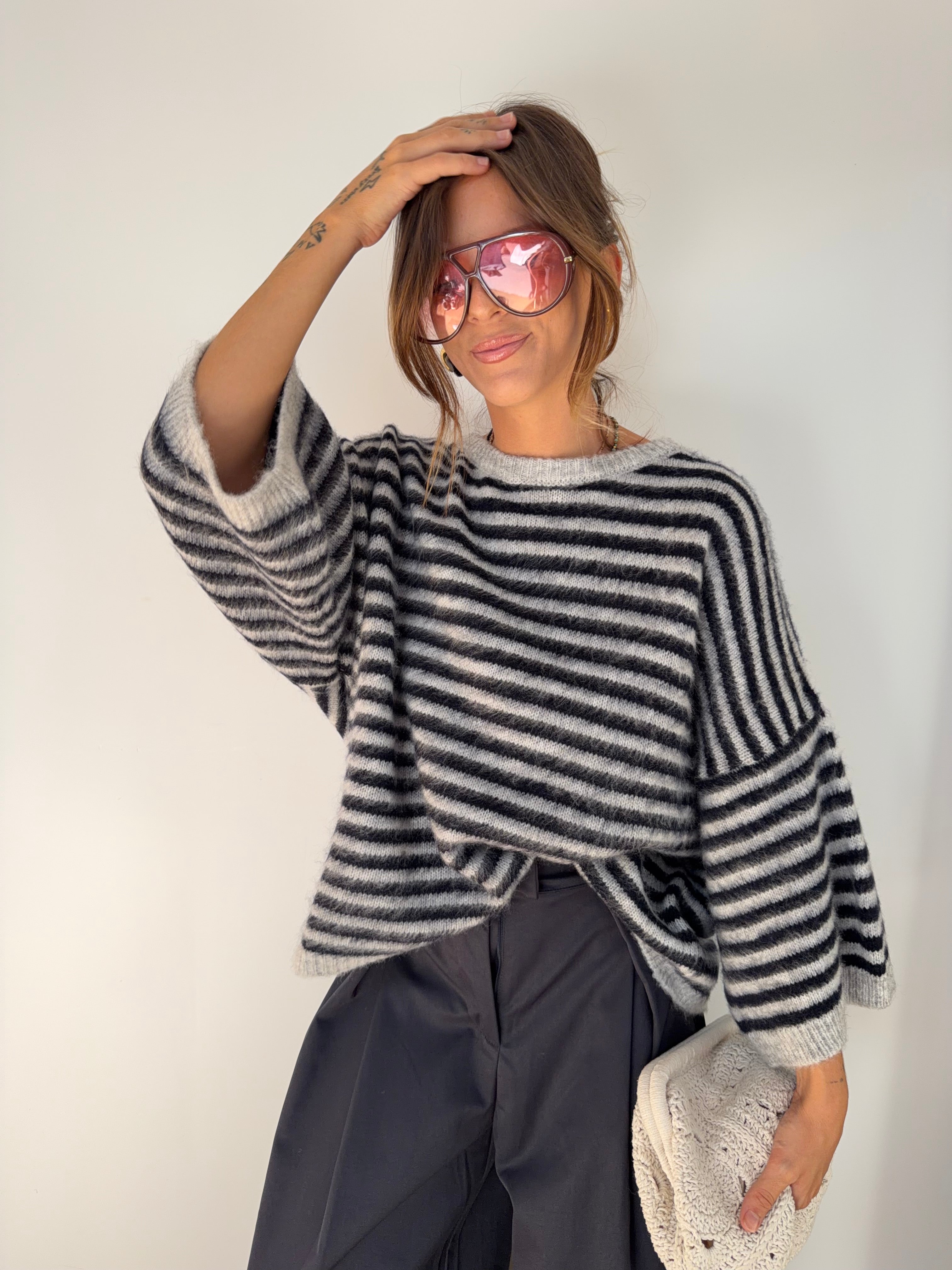 Pull manches 3/4 rayé - bleu marine