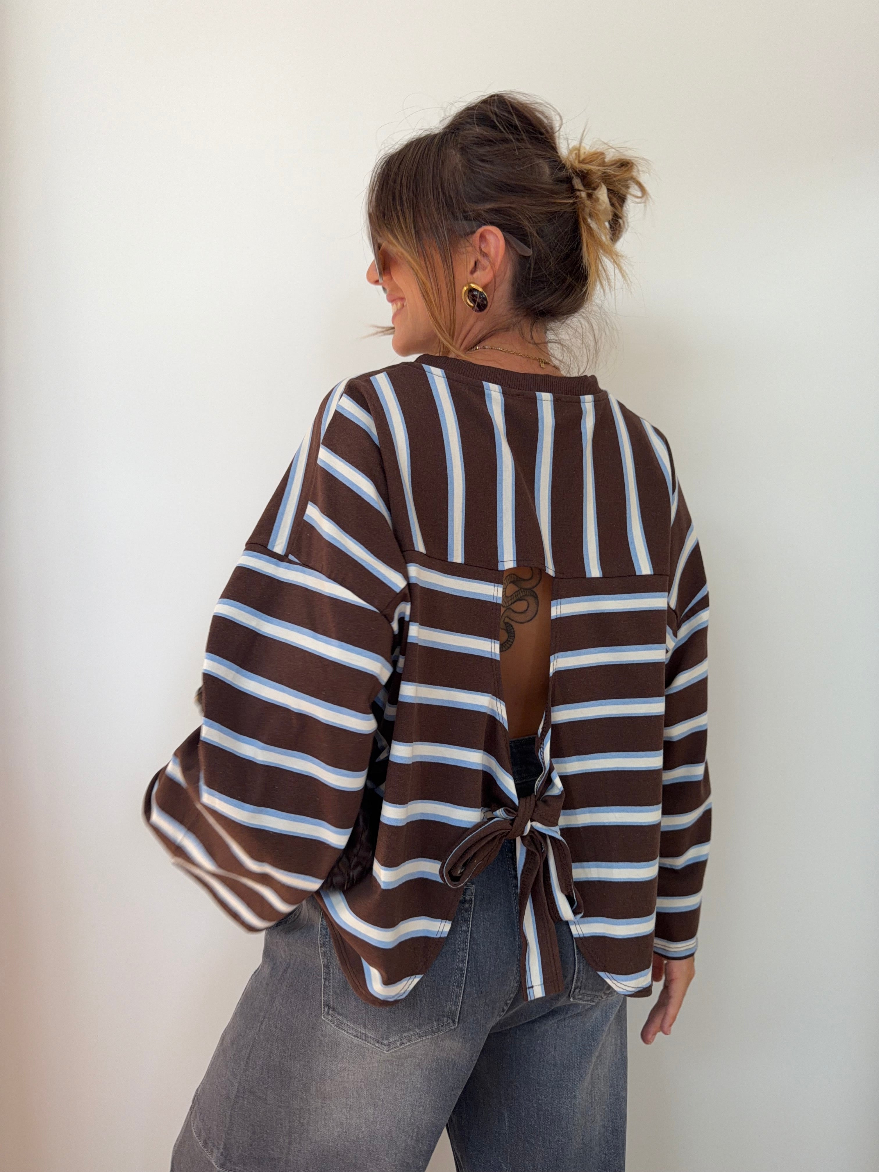 T-shirt manches longue avec noeud rayé - chocolat