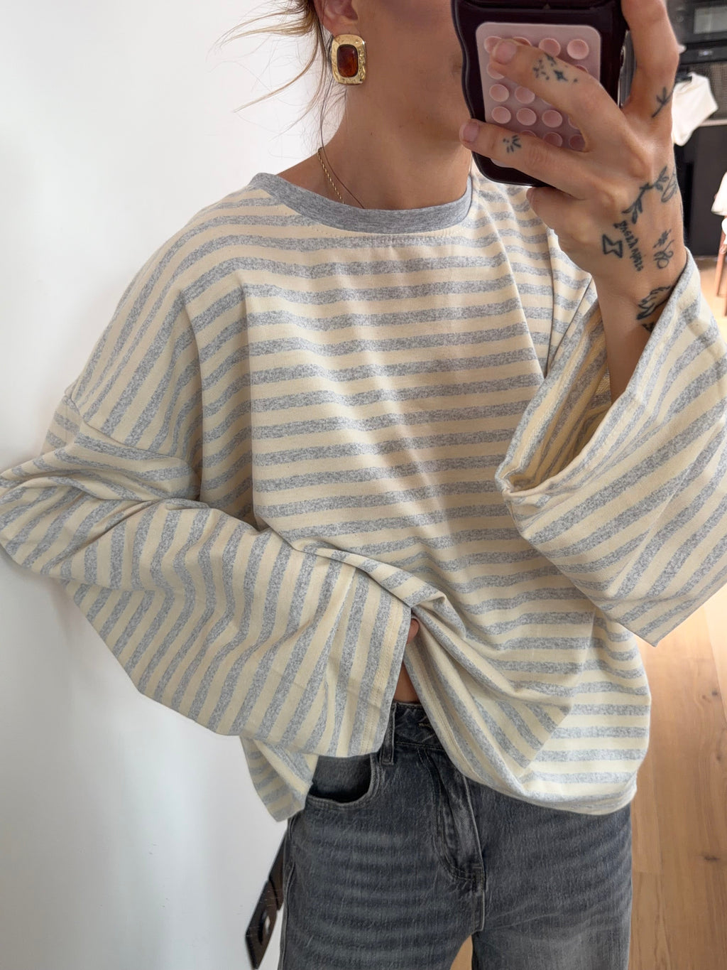 T-shirt manches longues rayé - gris et beige