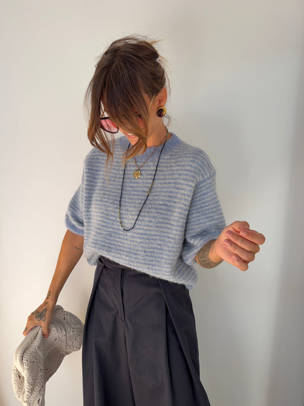 Pull manches 3/4 rayé - bleu clair