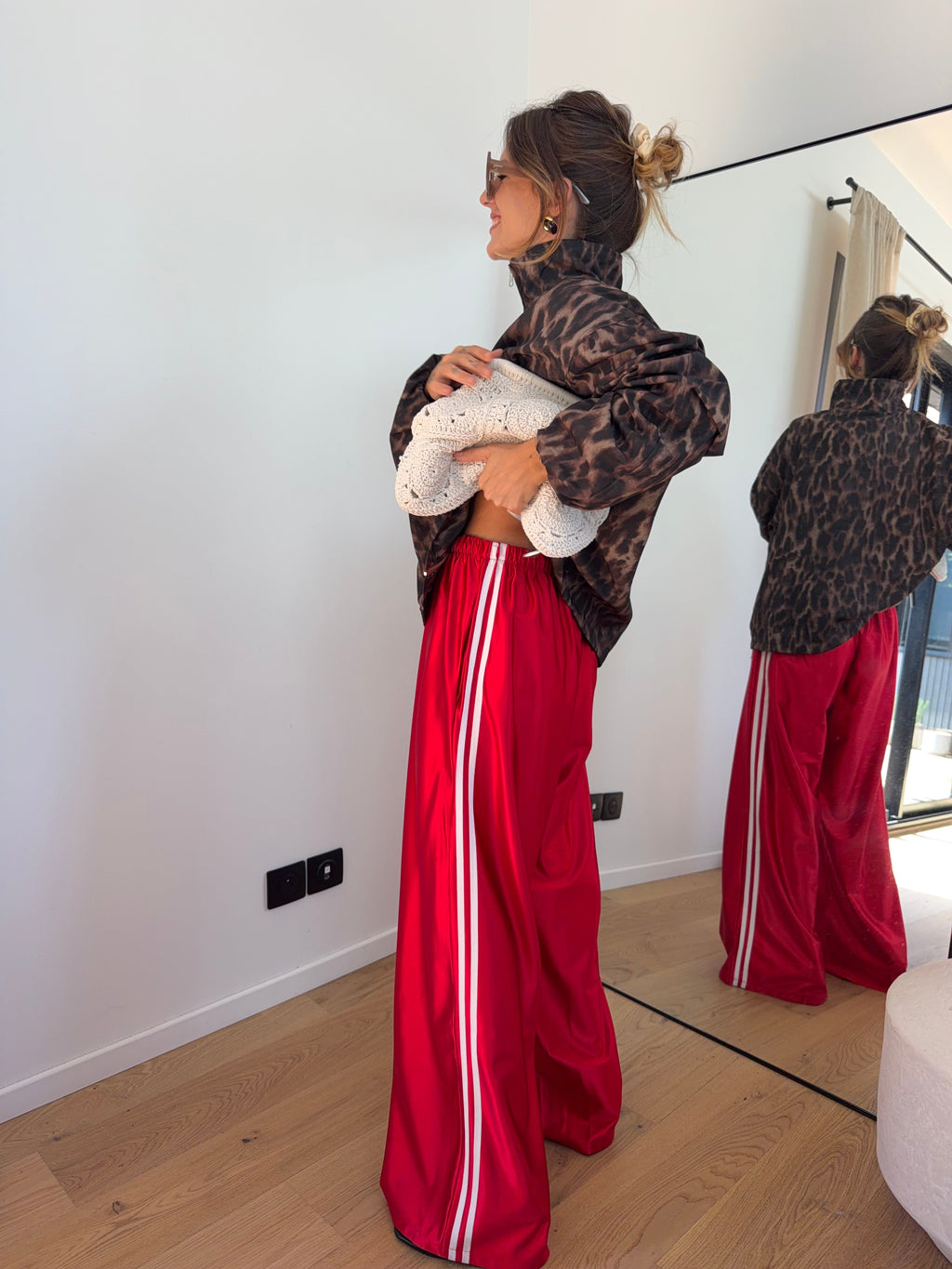 Pantalon métallisé à bandes - rouge