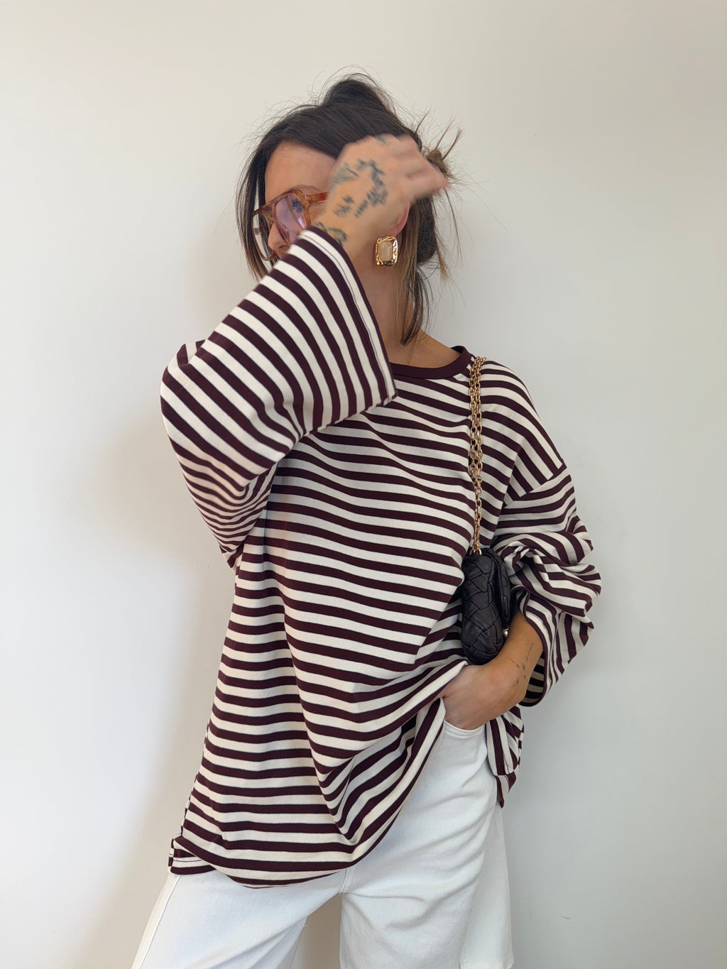 T-shirt manches longues rayé - prune