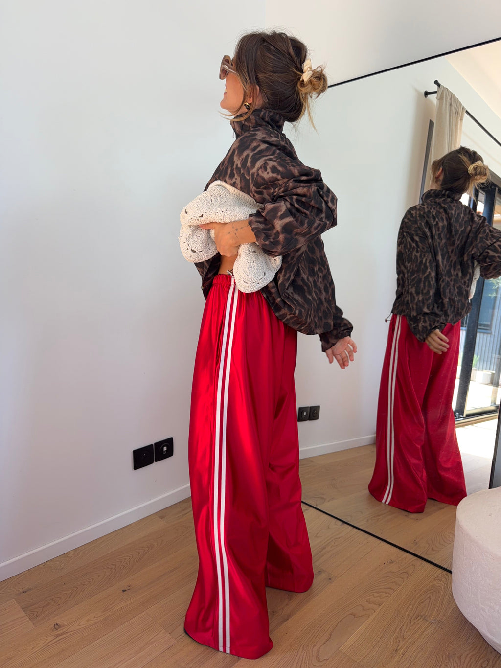 Pantalon métallisé à bandes - rouge
