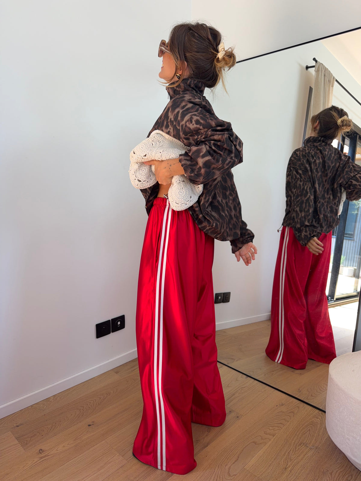 Pantalon métallisé à bandes - rouge