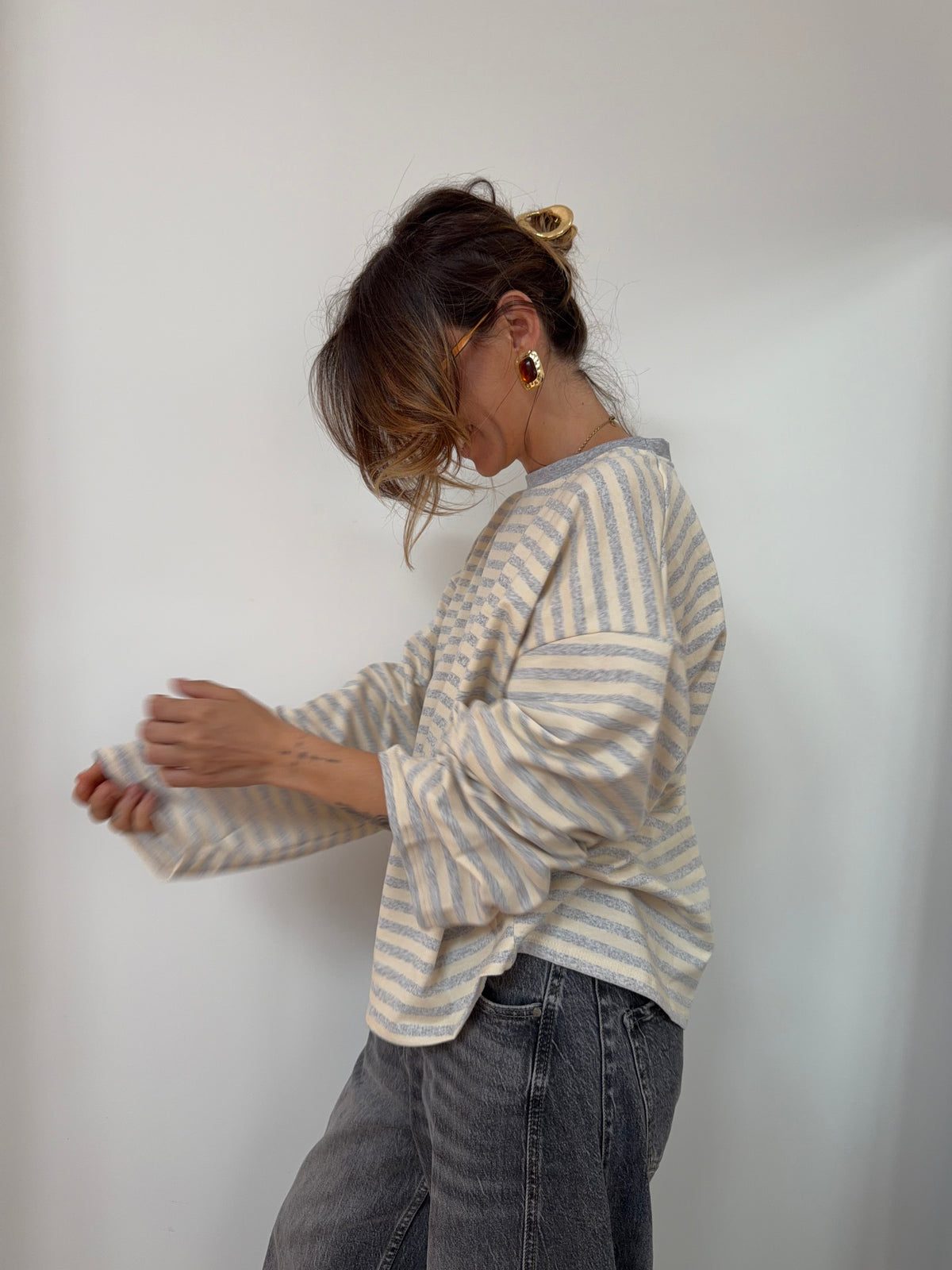 T-shirt manches longues rayé - gris et beige