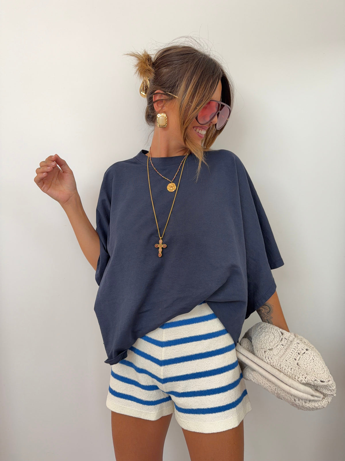 Short en éponge - rayé bleu